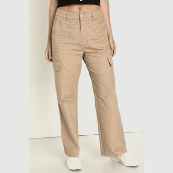 Lulus Womens Wide Leg Cargo Pants Size S Khaki Cotton Blend Casual Wearable With - Picture 1 of 9